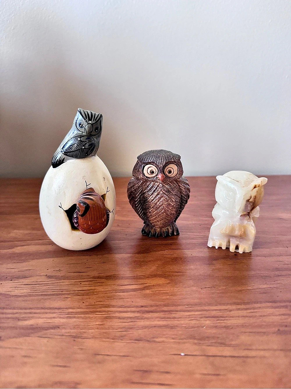 Folk Art Owl/Egg Sculpture- Ceramic Owl- Alabaster Soapstone Owl